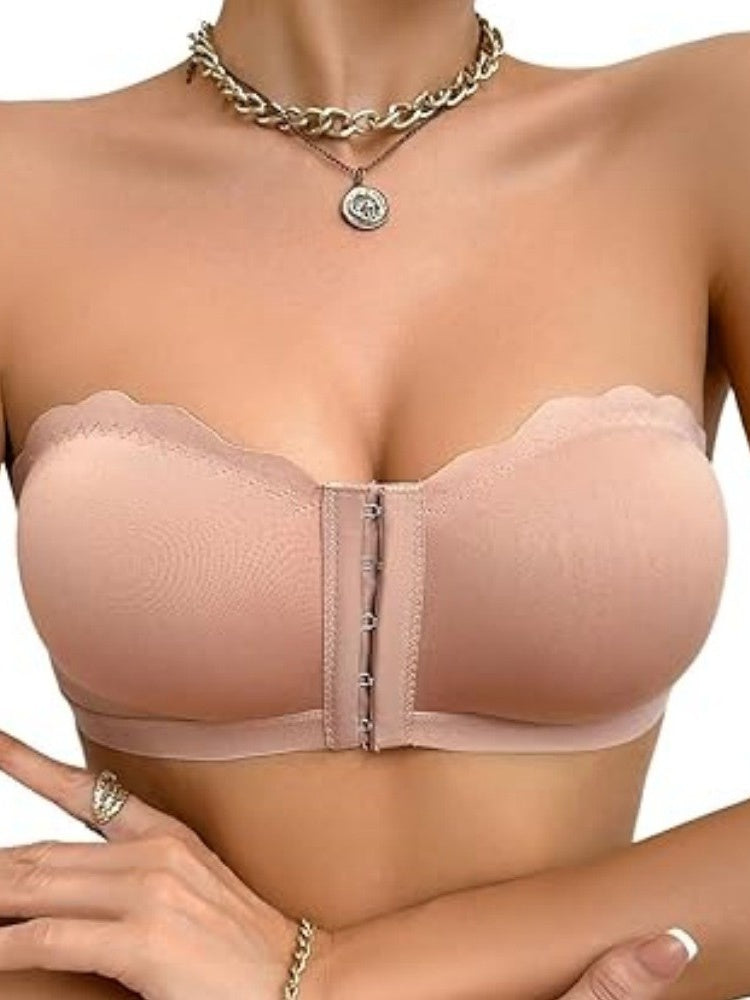 Front-Closure Breathable Supportive Bra with Wavy Trim RosyBrown
