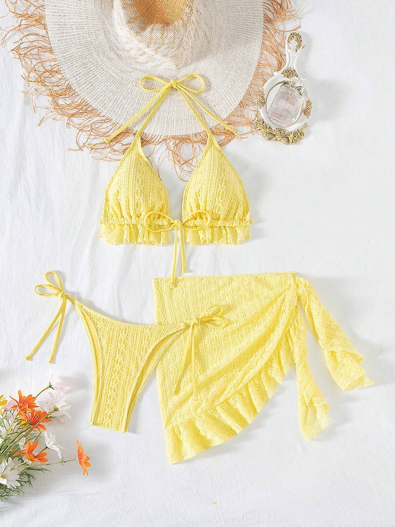 Sexy Three Piece Gauze Skirt Swimsuit Bikini Hanging Neck Swimsuit Yellow
