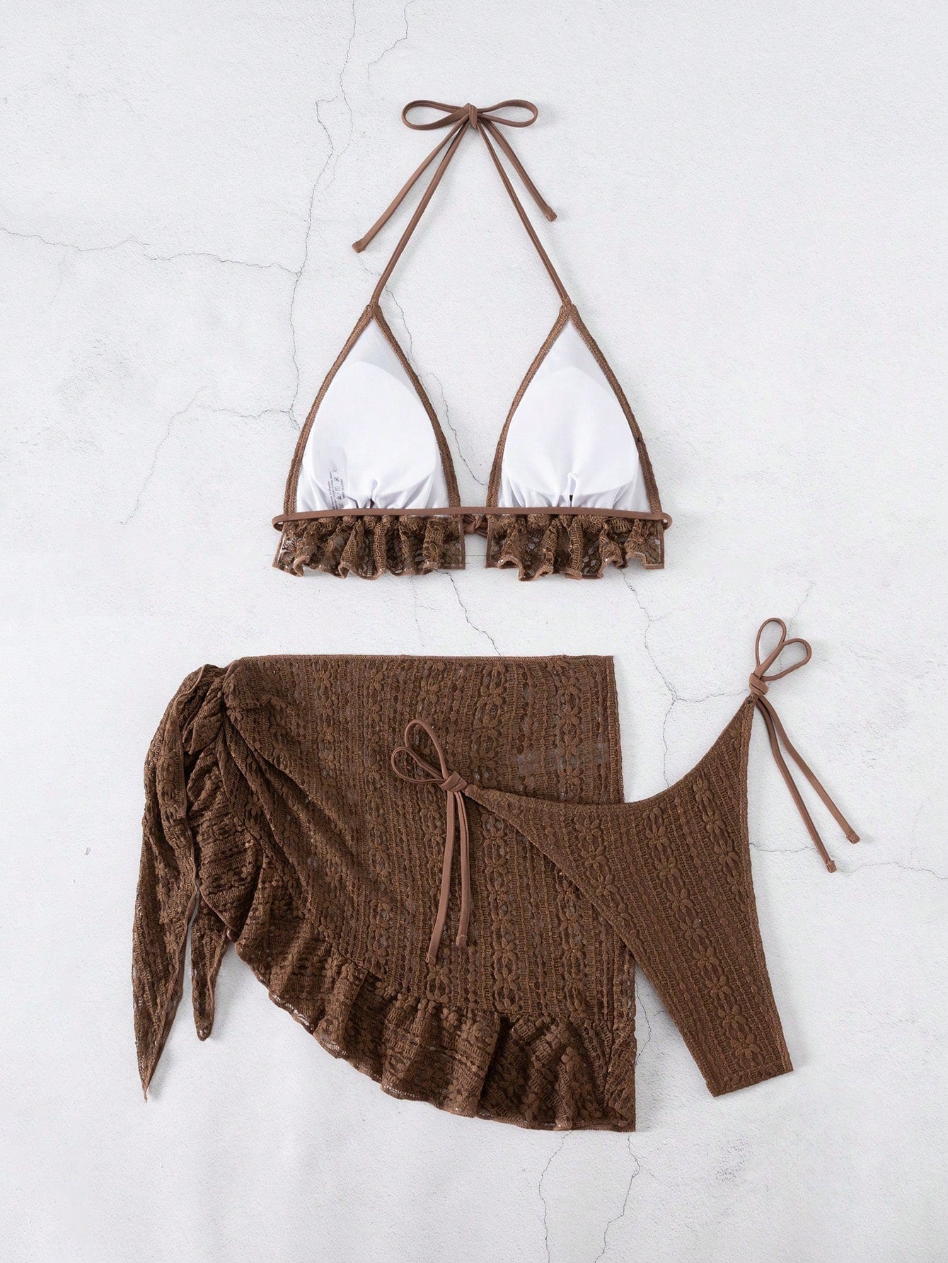 Sexy Three Piece Gauze Skirt Swimsuit Bikini Hanging Neck Swimsuit Brown