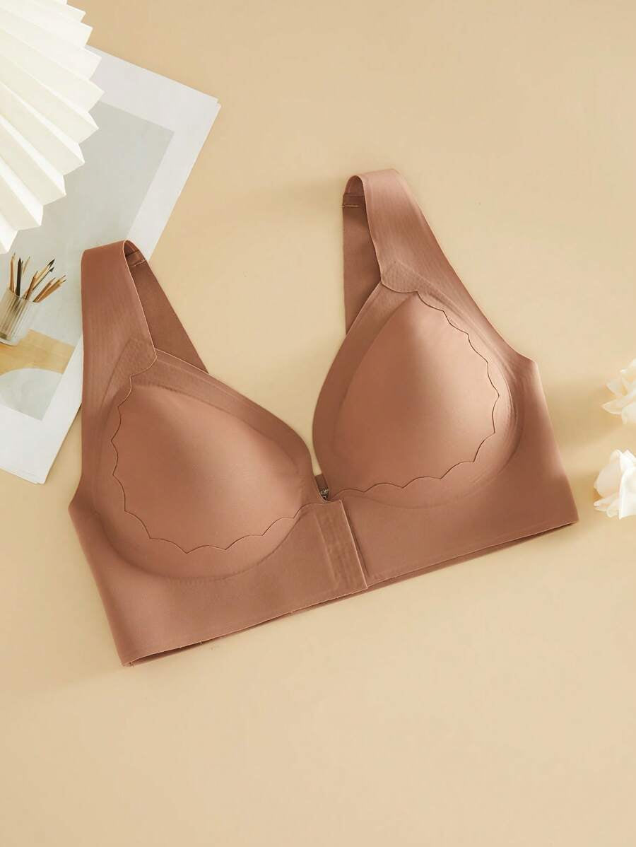 Seamless Solid Color Front-Opening Push-Up Bra with Padding and Sexy Deep V