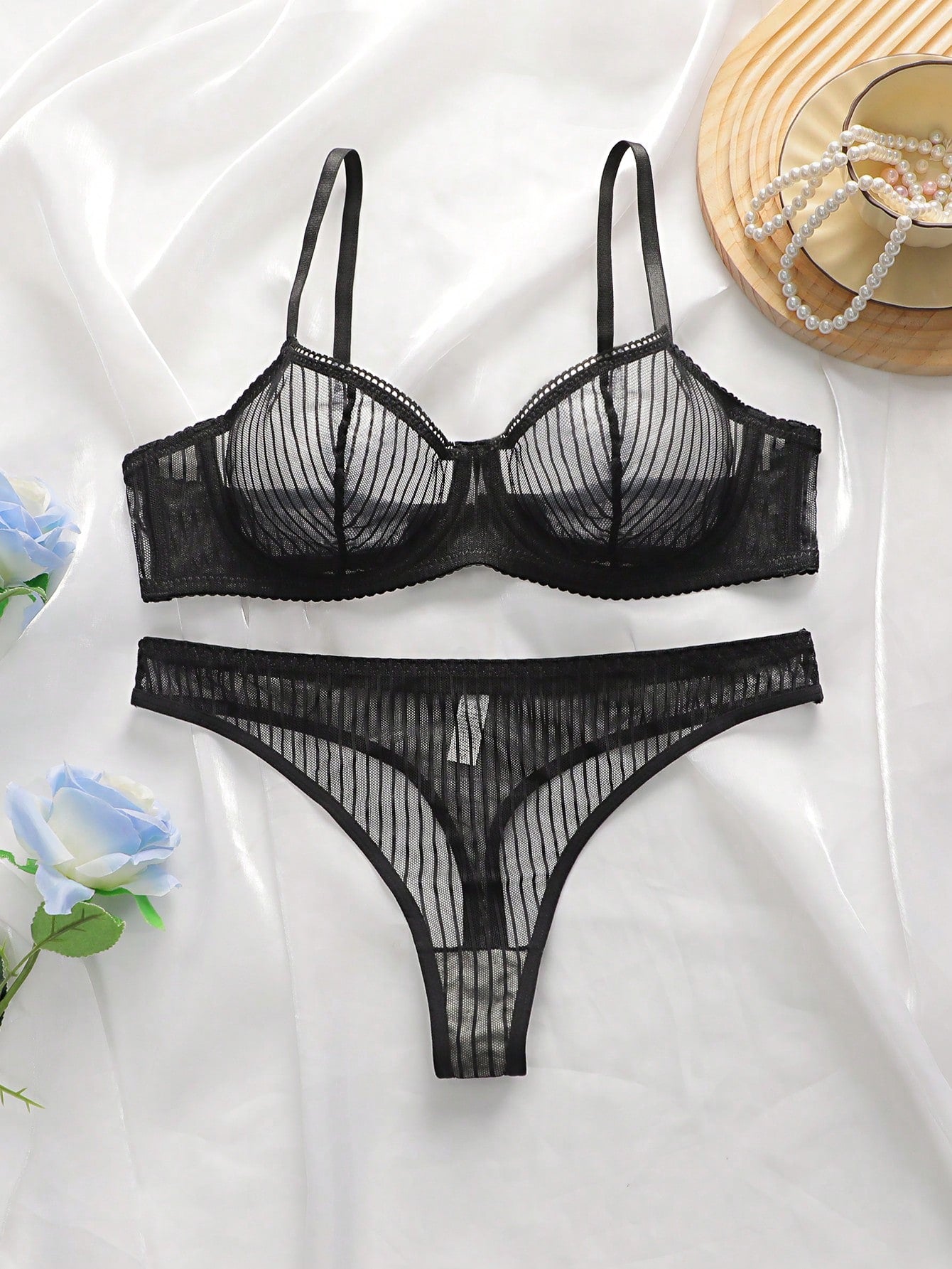 Mesh Stripe Double Layer Sexy Bra Set with Steel Ring Black