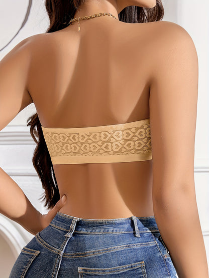 Heart Embroidery Sexy Lace Non-Slip Front Closure Bra Cornsilk