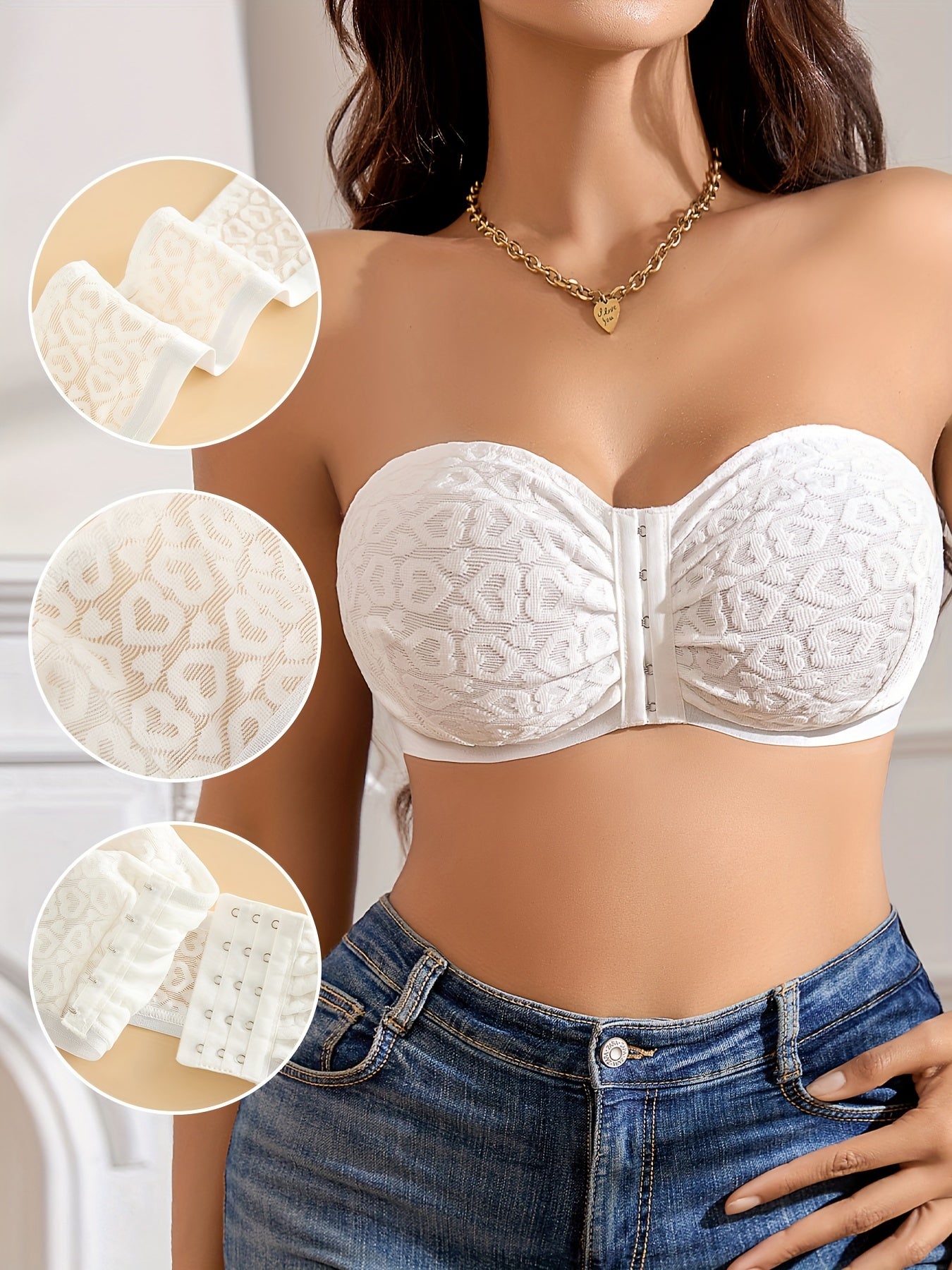 Heart Embroidery Sexy Lace Non-Slip Front Closure Bra White