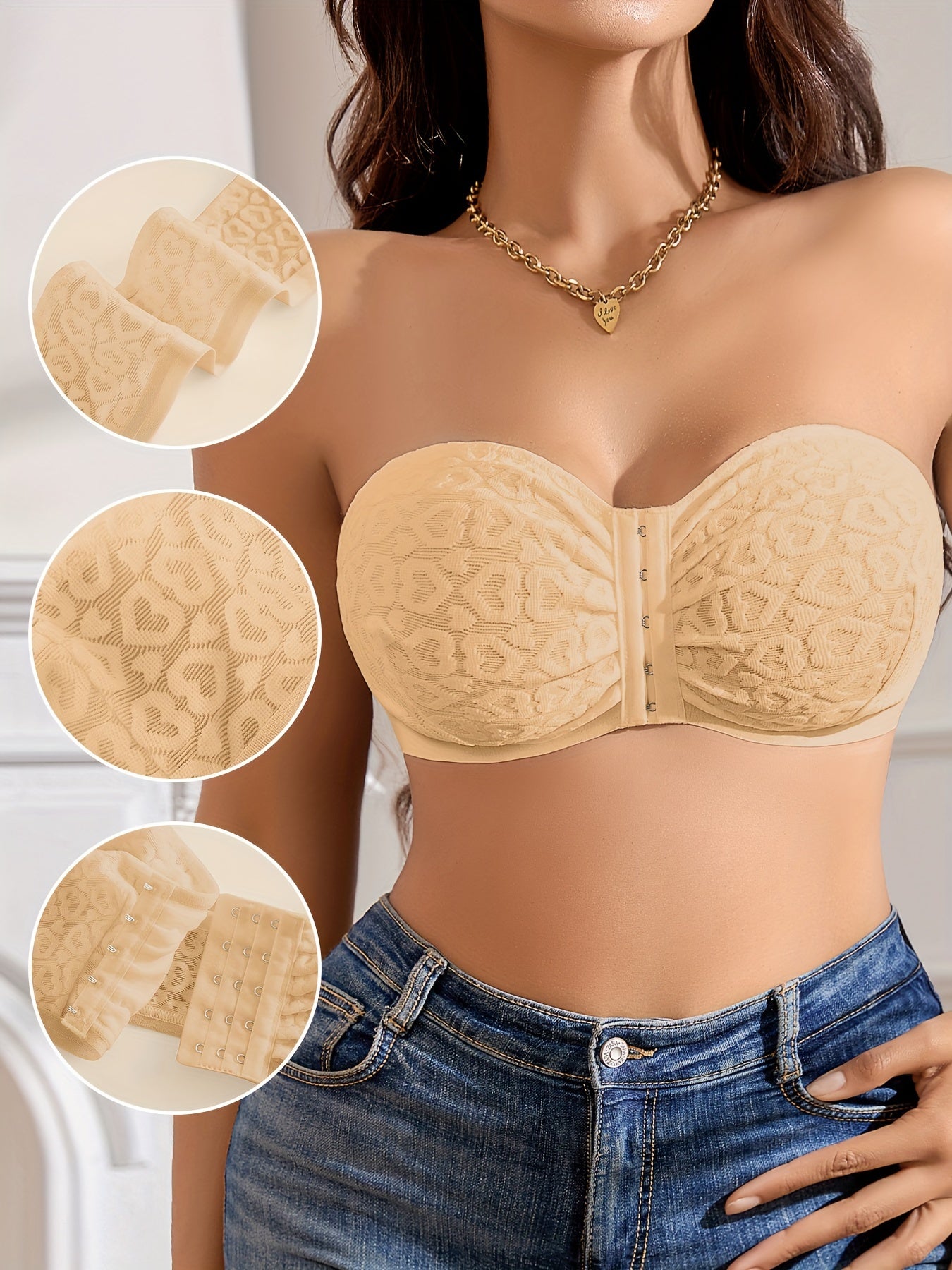 Heart Embroidery Sexy Lace Non-Slip Front Closure Bra Cornsilk