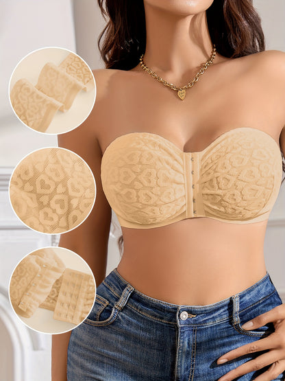 Heart Embroidery Sexy Lace Non-Slip Front Closure Bra Cornsilk