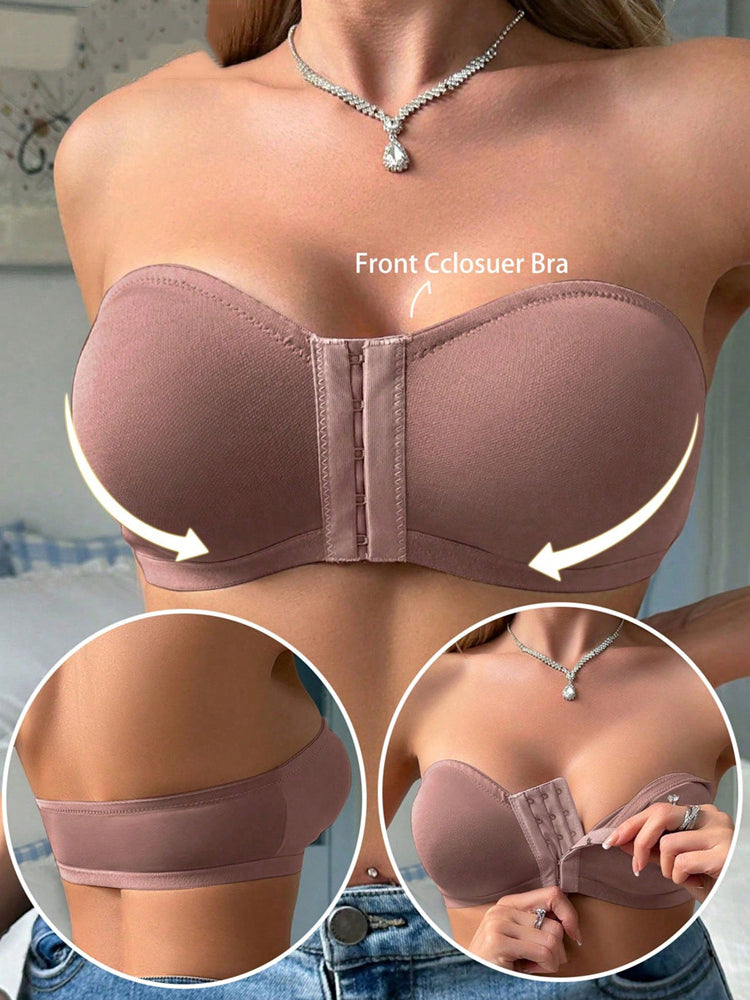Women's Simple Front Button Multi-Ribbed Wireless Comfortable Non-Reducing Bra RosyBrown