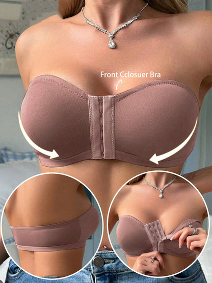 Women's Simple Front Button Multi-Ribbed Wireless Comfortable Non-Reducing Bra RosyBrown