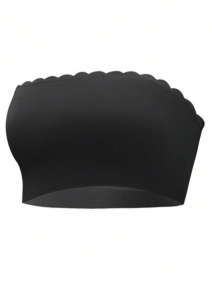 Ribbed Edge Plain Seamless Sexy Gathered Non-Wired Strapless Bra Black