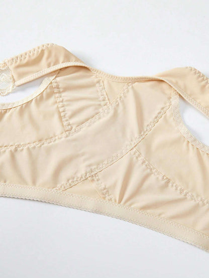 Plus Size Front Closure Lace Butterfly Wireless Bra Beige