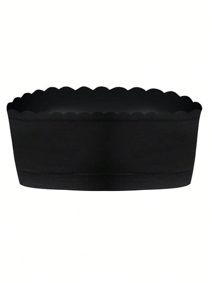 Ribbed Edge Plain Seamless Sexy Gathered Non-Wired Strapless Bra Black