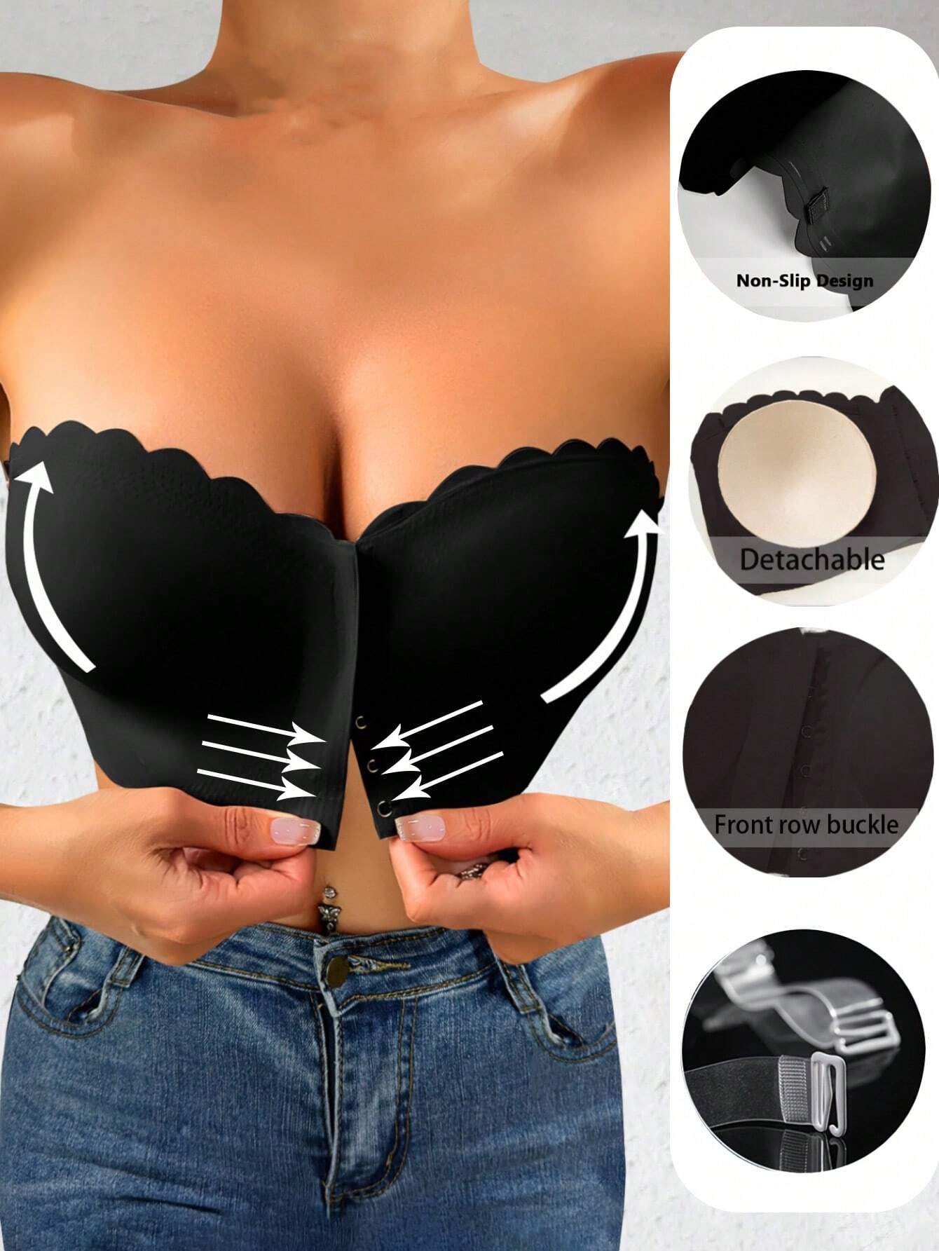 Front Closure Wireless Strapless Bra Black