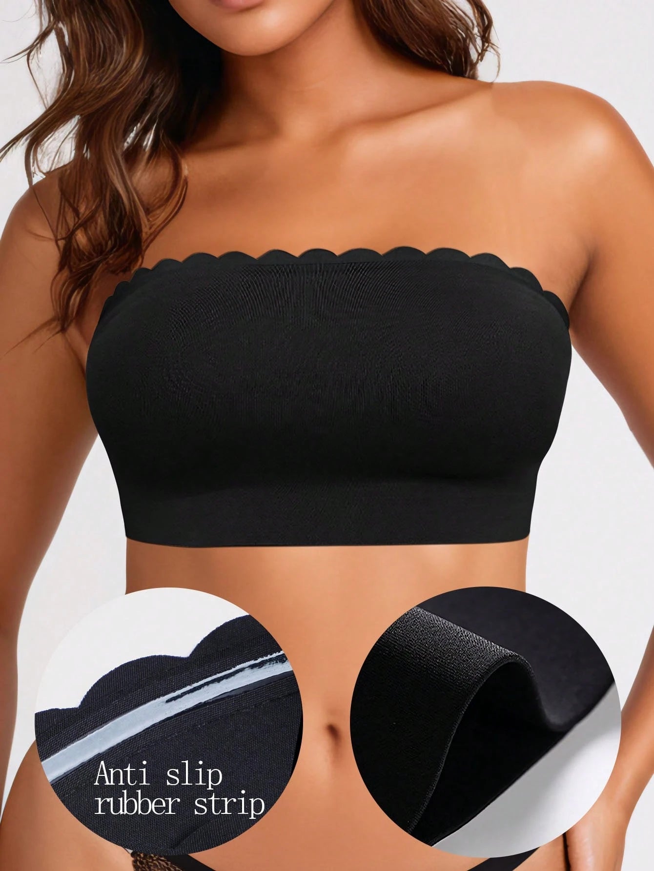 Ribbed Edge Plain Seamless Sexy Gathered Non-Wired Strapless Bra Black
