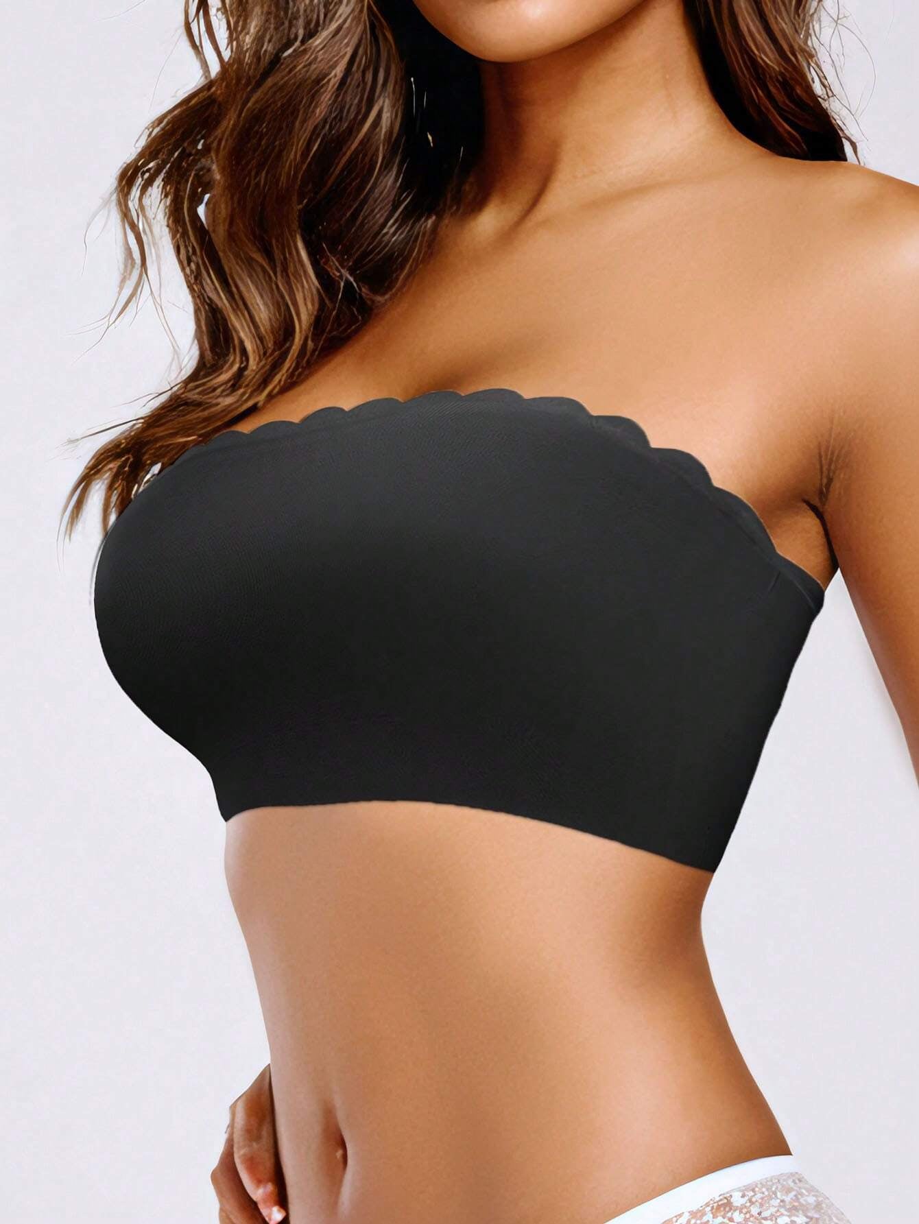 Ribbed Edge Plain Seamless Sexy Gathered Non-Wired Strapless Bra Black