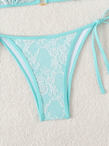 Summer Beach Sexy Backless Strappy Floral Lace Triangle Bag Bikini Set DeepSkyBlue-Small Flower