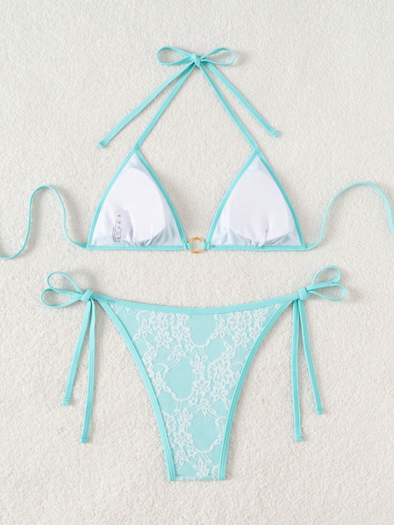 Summer Beach Sexy Backless Strappy Floral Lace Triangle Bag Bikini Set DeepSkyBlue-Small Flower
