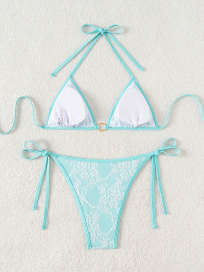 Summer Beach Sexy Backless Strappy Floral Lace Triangle Bag Bikini Set DeepSkyBlue-Small Flower