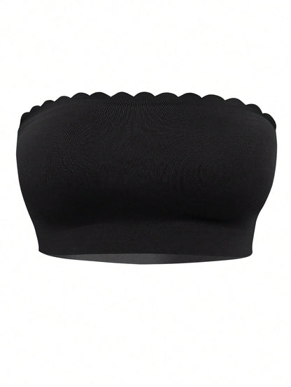 Ribbed Edge Plain Seamless Sexy Gathered Non-Wired Strapless Bra Black