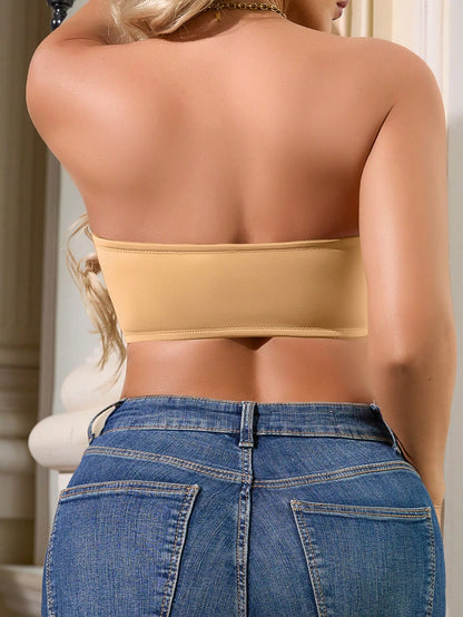 Casual-Minimalist Net Contrast Front Buckle Strapless Bra