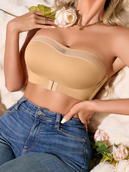 Casual-Minimalist Net Contrast Front Buckle Strapless Bra