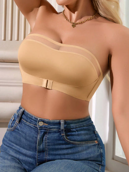 Casual-Minimalist Net Contrast Front Buckle Strapless Bra