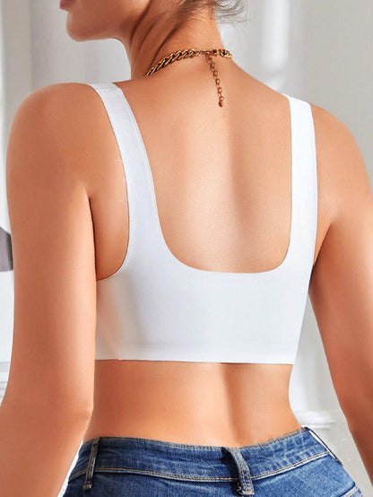 Scoop Neck Wireless Seamless Front Closure Wide Strap Ruffled Removable Padded Bra