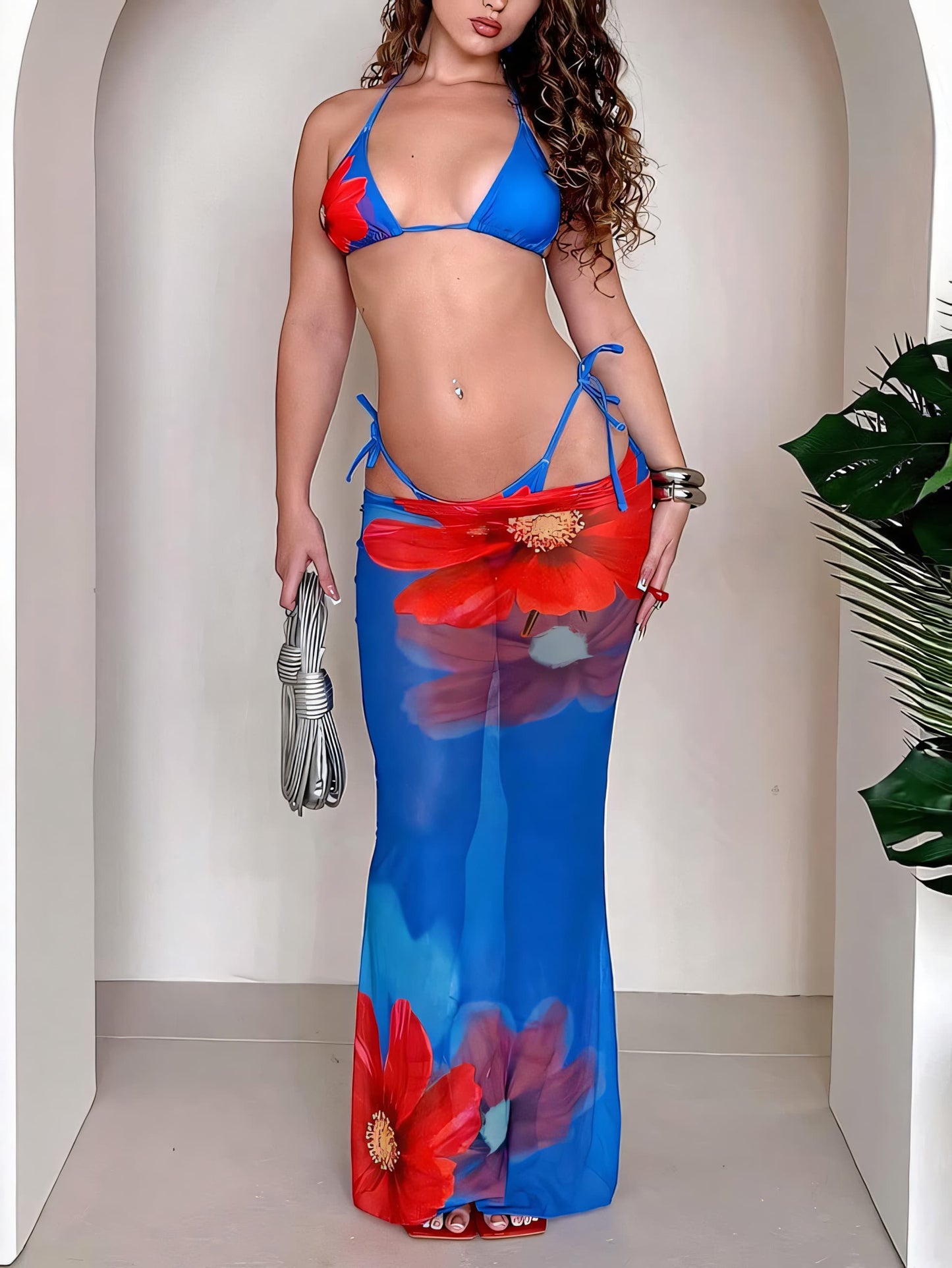 Sexy Strappy Sweet Floral Bikini Three-Piece Set Skyblue