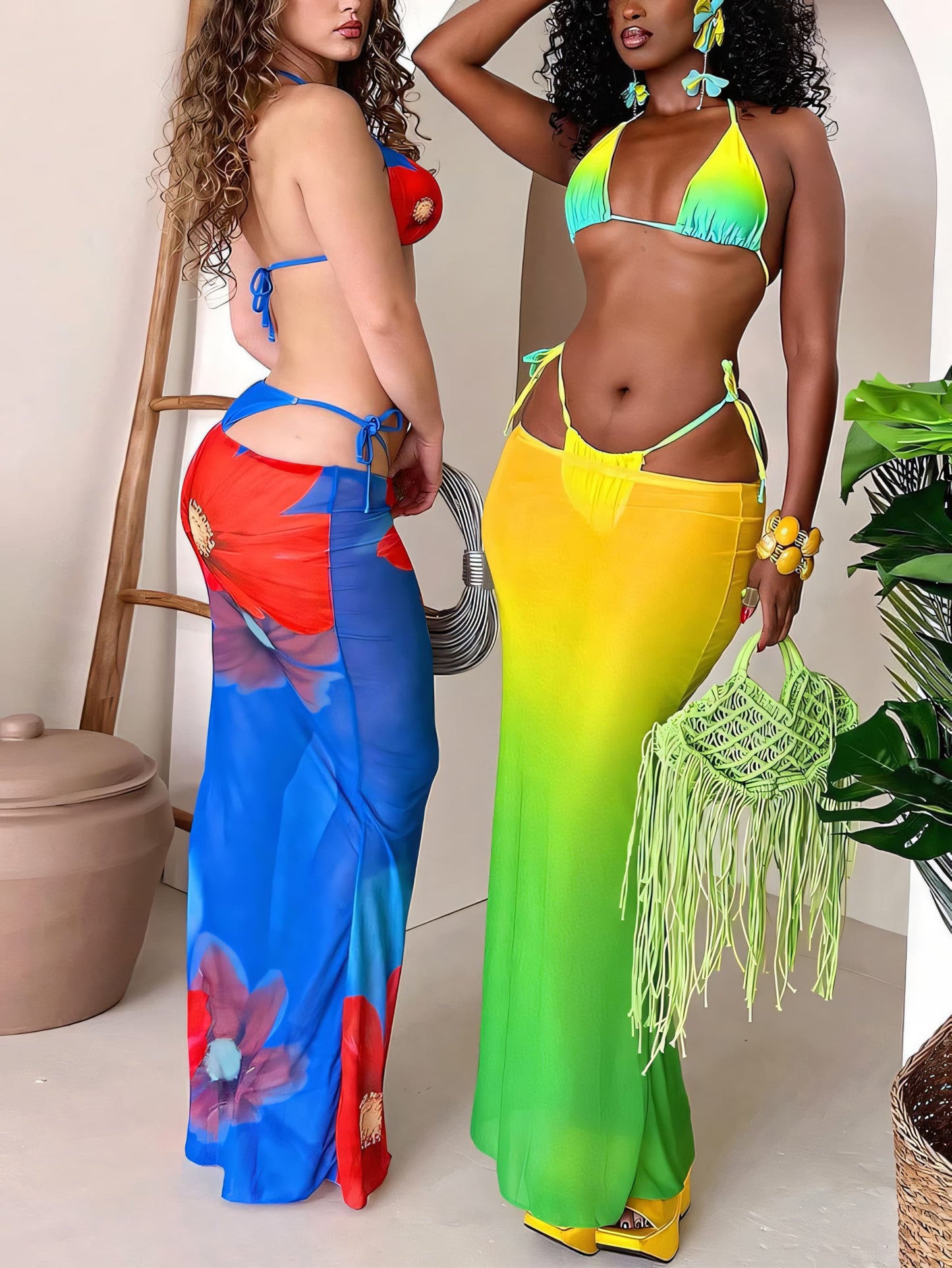 Sexy Strappy Sweet Floral Bikini Three-Piece Set