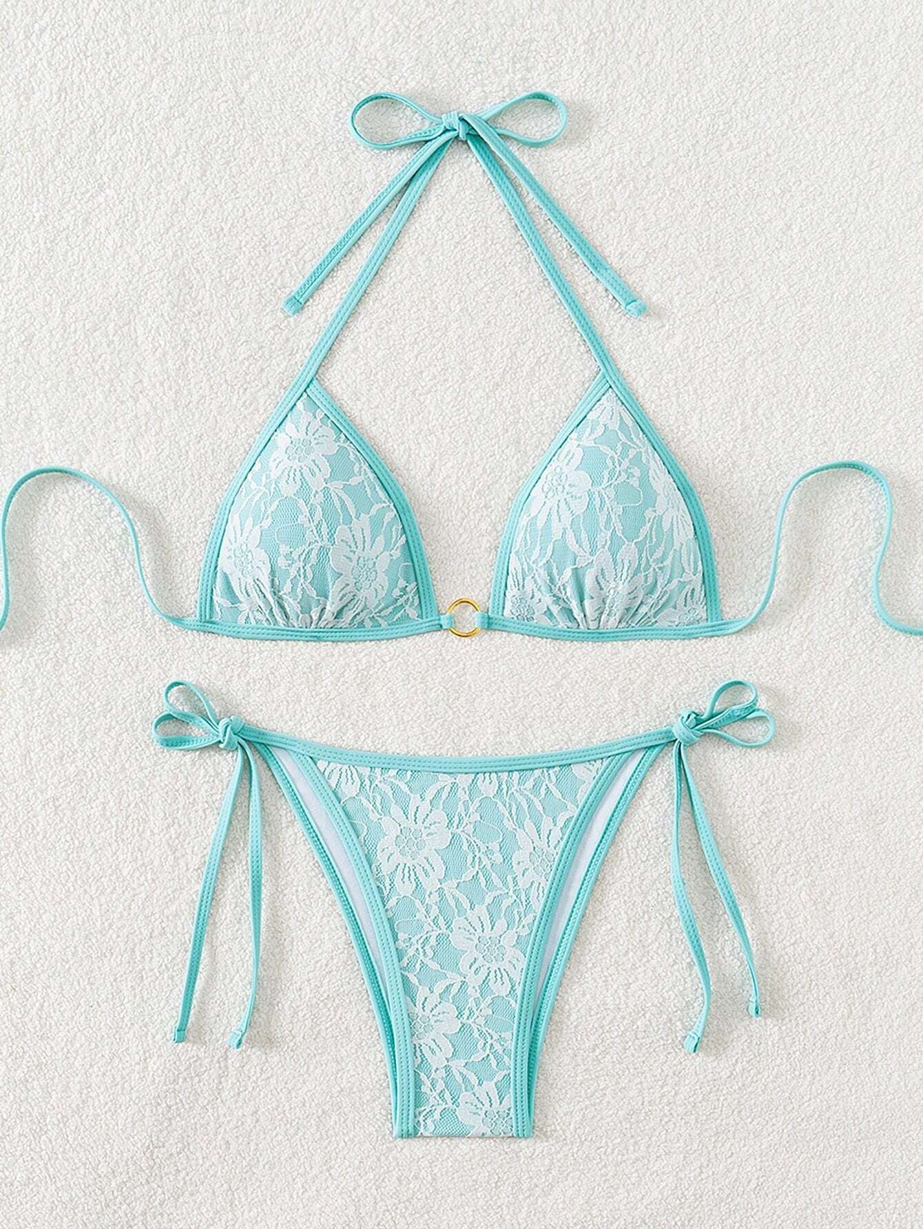 Summer Beach Sexy Backless Strappy Floral Lace Triangle Bag Bikini Set LightCyan-Large Flower