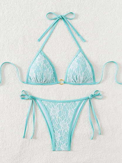 Summer Beach Sexy Backless Strappy Floral Lace Triangle Bag Bikini Set LightCyan-Large Flower