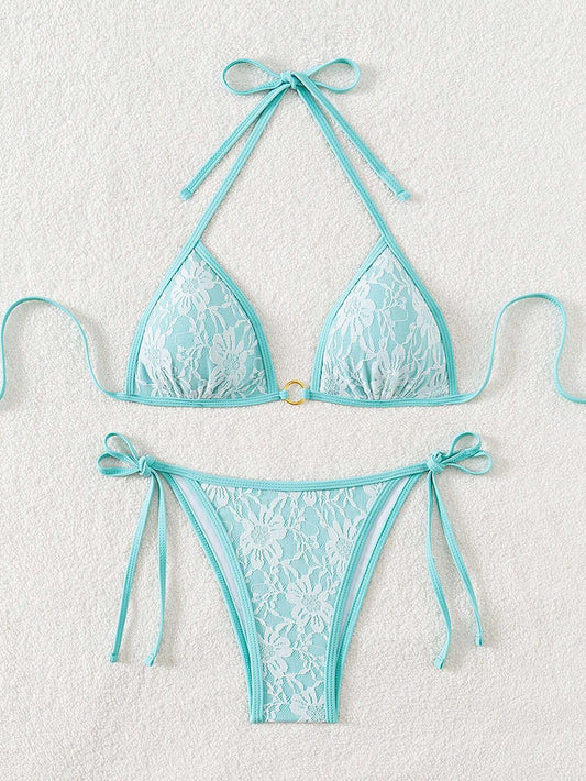 Summer Beach Sexy Backless Strappy Floral Lace Triangle Bag Bikini Set LightCyan-Large Flower