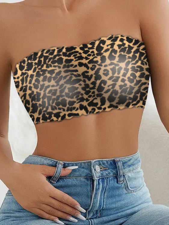 Leopard Print Strapless Bandeau Bra – Seamless & Non-Slip Comfort Tan