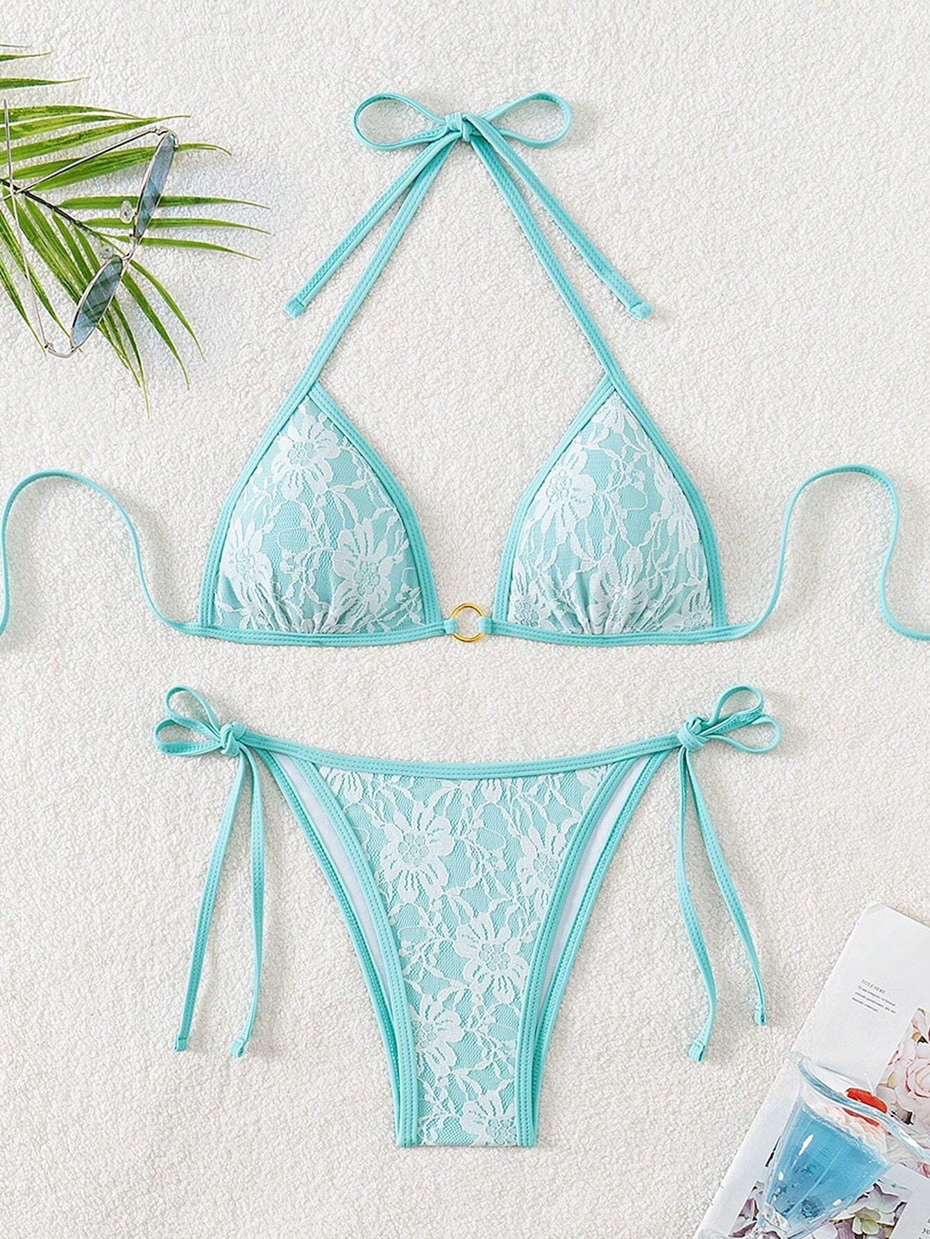Summer Beach Sexy Backless Strappy Floral Lace Triangle Bag Bikini Set LightCyan-Large Flower