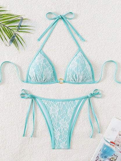Summer Beach Sexy Backless Strappy Floral Lace Triangle Bag Bikini Set LightCyan-Large Flower