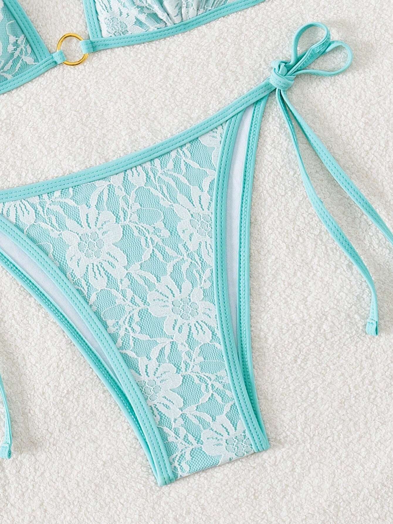 Summer Beach Sexy Backless Strappy Floral Lace Triangle Bag Bikini Set LightCyan-Large Flower