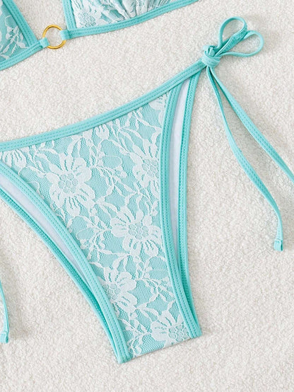 Summer Beach Sexy Backless Strappy Floral Lace Triangle Bag Bikini Set LightCyan-Large Flower