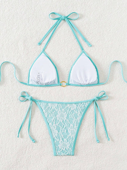 Summer Beach Sexy Backless Strappy Floral Lace Triangle Bag Bikini Set LightCyan-Large Flower