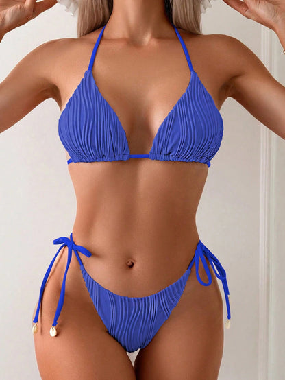 Beach Ladies Backless Two Piece Sexy Bikini Set Blue