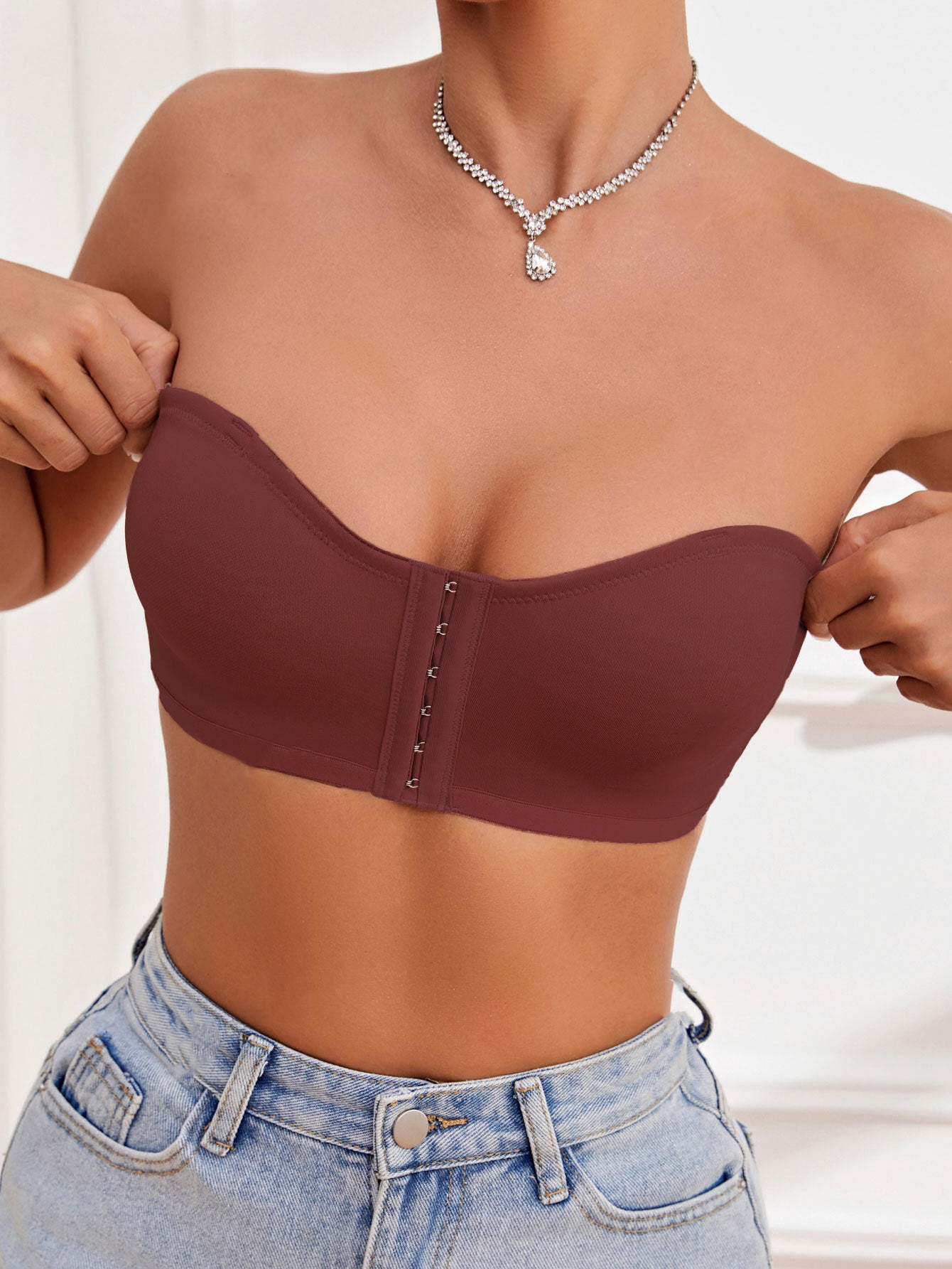 Women's Front Closure Tube Bralette Strapless No Padded Wireless Bandeau Bra VioletRed