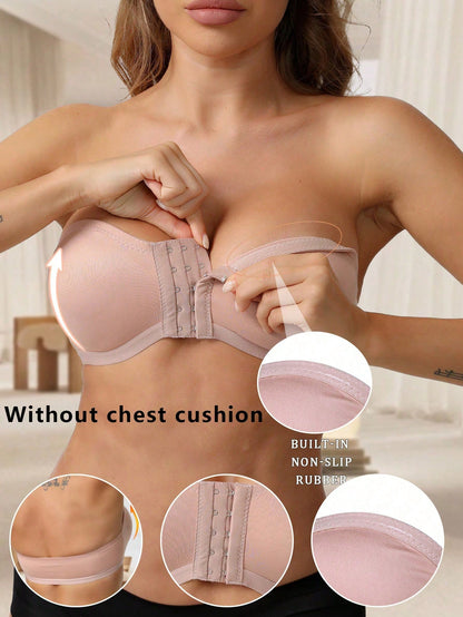 Women's Simple Front Button Multi-Ribbed Wireless Comfortable Non-Reducing Bra LightCoral