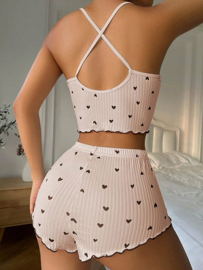 Heart Printed Bow Front Camisole Shorts Cross Back Pajama Set Linen