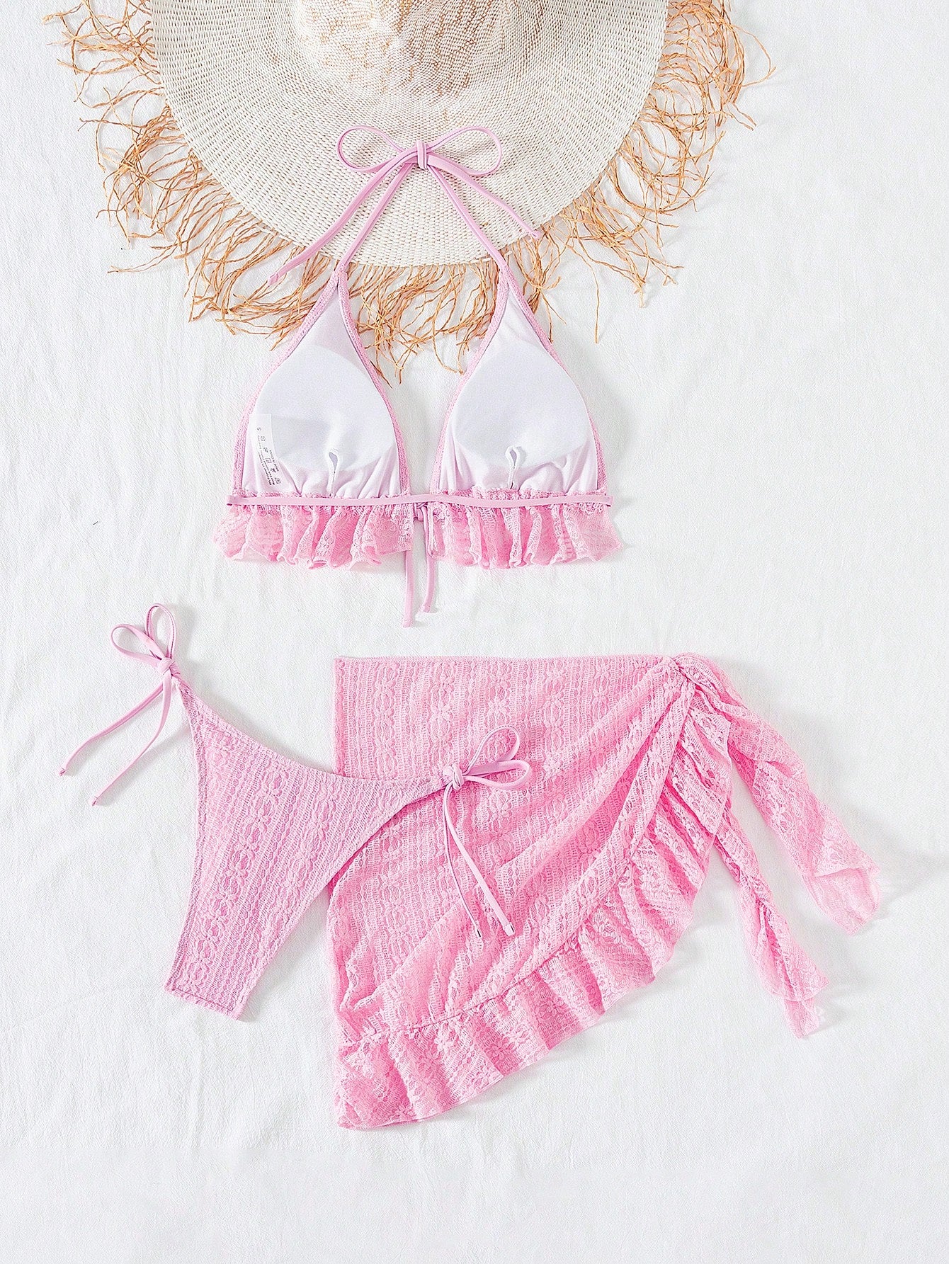 Sexy Three Piece Gauze Skirt Swimsuit Bikini Hanging Neck Swimsuit Pink