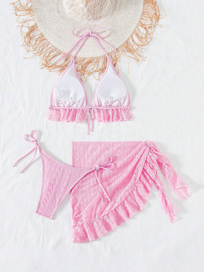 Sexy Three Piece Gauze Skirt Swimsuit Bikini Hanging Neck Swimsuit Pink