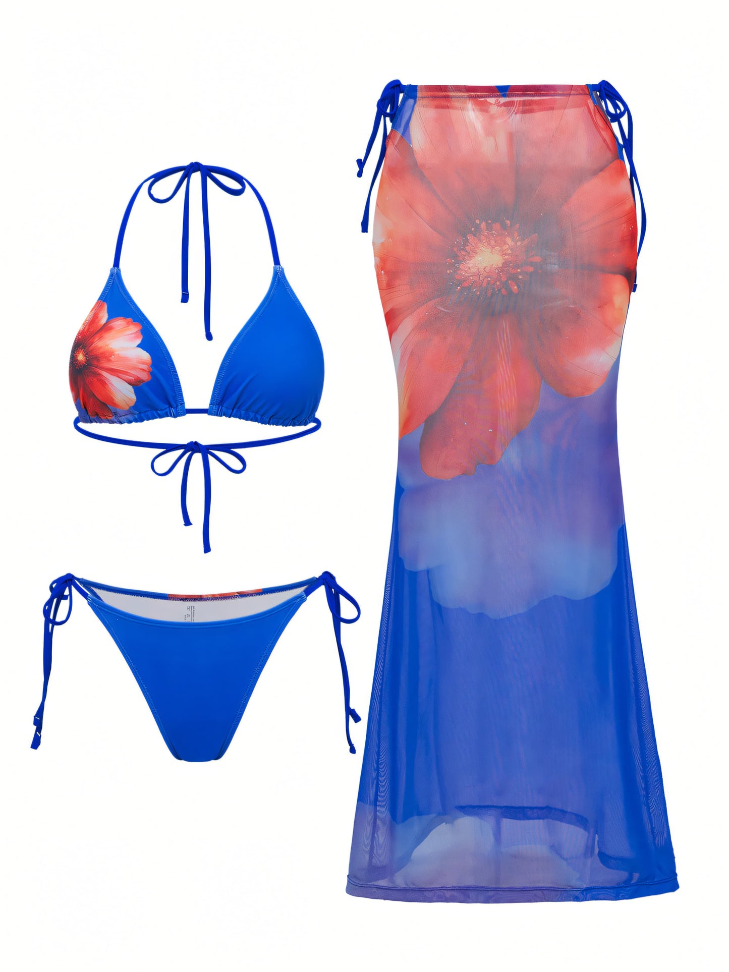 Sexy Strappy Sweet Floral Bikini Three-Piece Set Skyblue