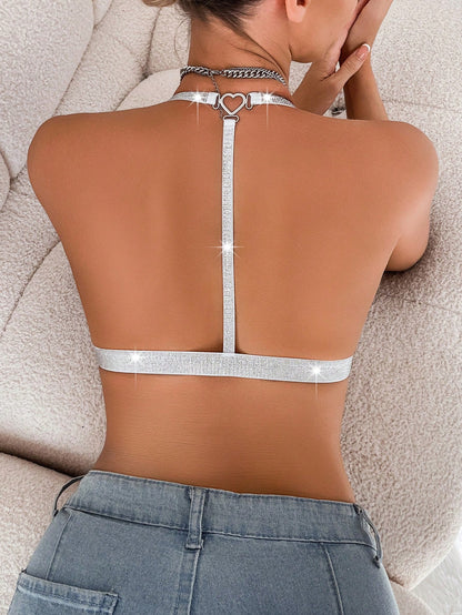 Plus Size Thin Sexy Hanging Neck Silver Silk Super Lace Back Bra White