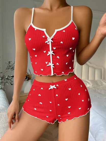 Heart Printed Bow Front Camisole Shorts Cross Back Pajama Set Red