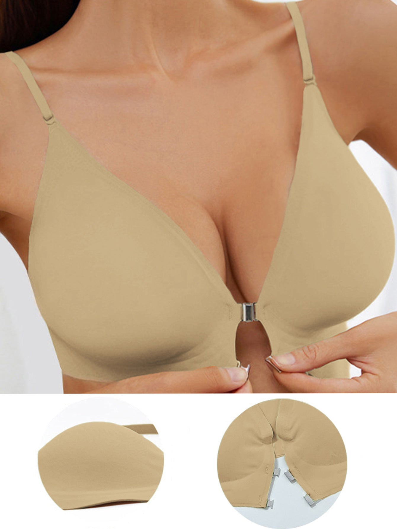 Front-Clasp Cross Halter Seamless Push-Up Bra Tan