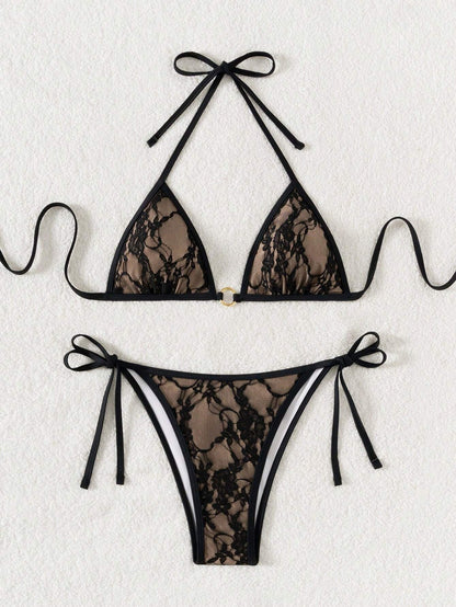 Summer Beach Sexy Backless Strappy Floral Lace Triangle Bag Bikini Set Peru-Small Flower