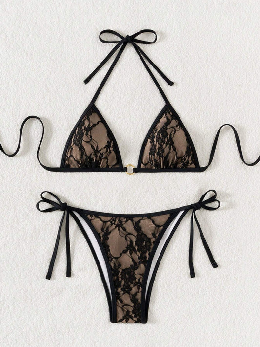 Summer Beach Sexy Backless Strappy Floral Lace Triangle Bag Bikini Set Peru-Small Flower