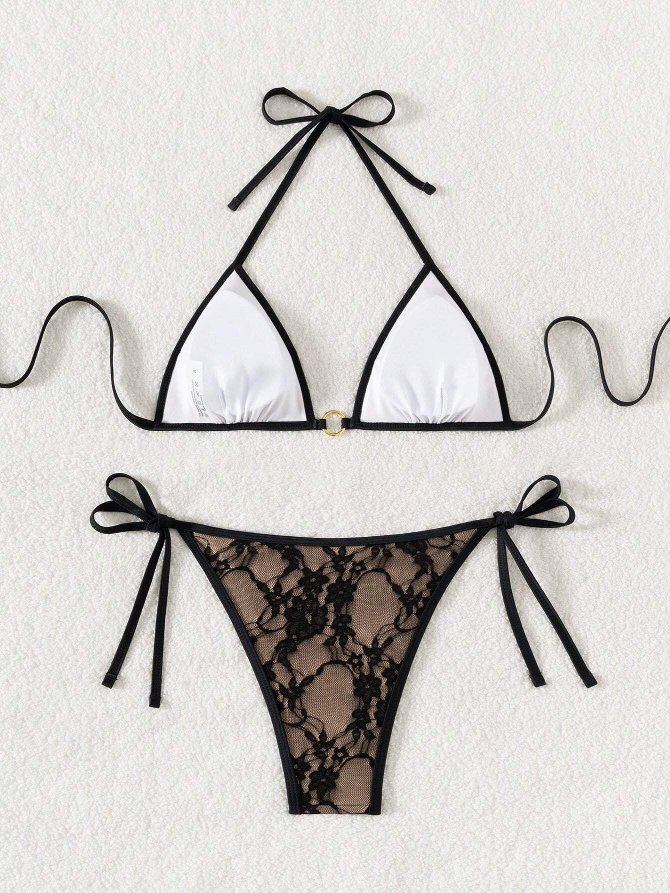Summer Beach Sexy Backless Strappy Floral Lace Triangle Bag Bikini Set Peru-Small Flower