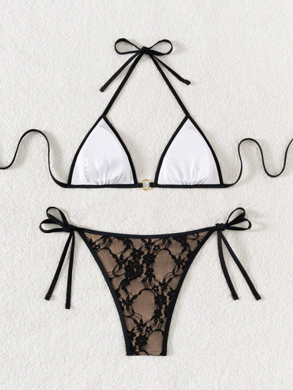 Summer Beach Sexy Backless Strappy Floral Lace Triangle Bag Bikini Set Peru-Small Flower